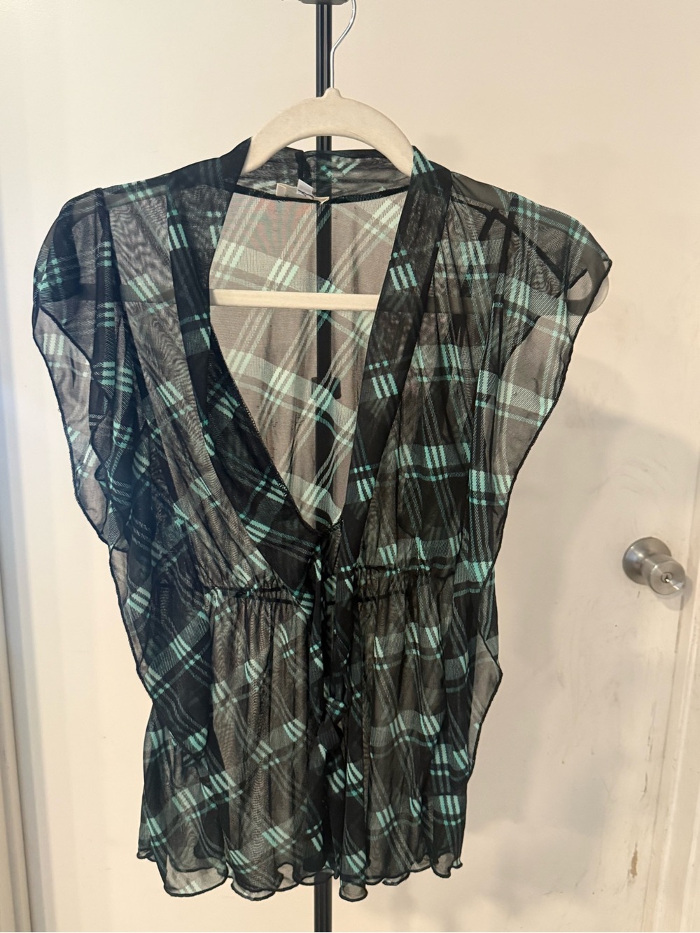 Sheer Black Blouse with Teal Plaid V-Neck